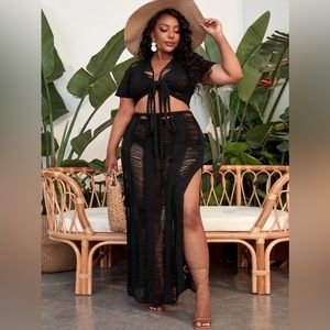 SHEIN SXY Plus Open Stitch Knot Front Split Thigh Cover Up Set Without Bikini